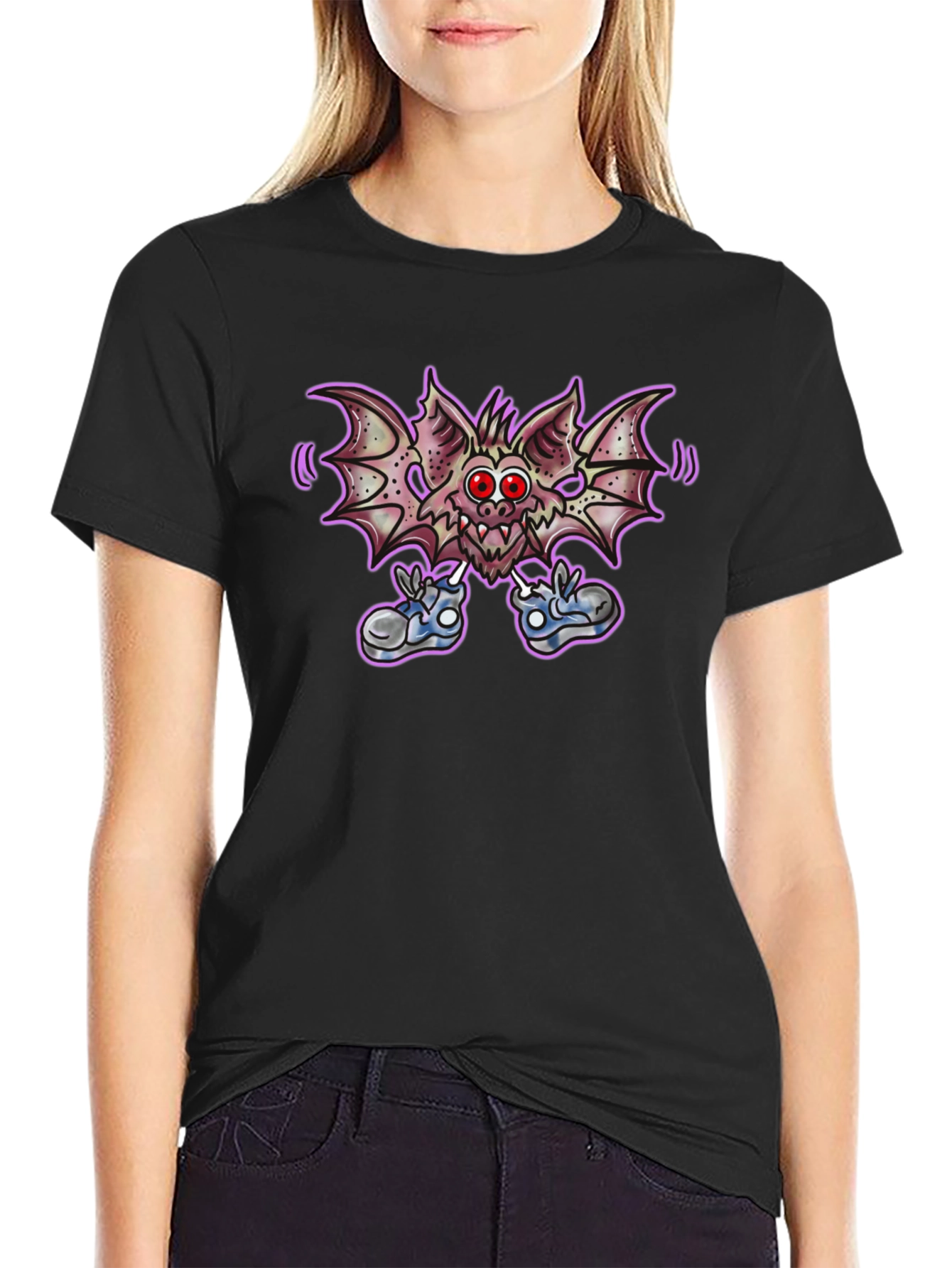 Cartoon Bat Graphic Tee - Funky Black T-Shirt