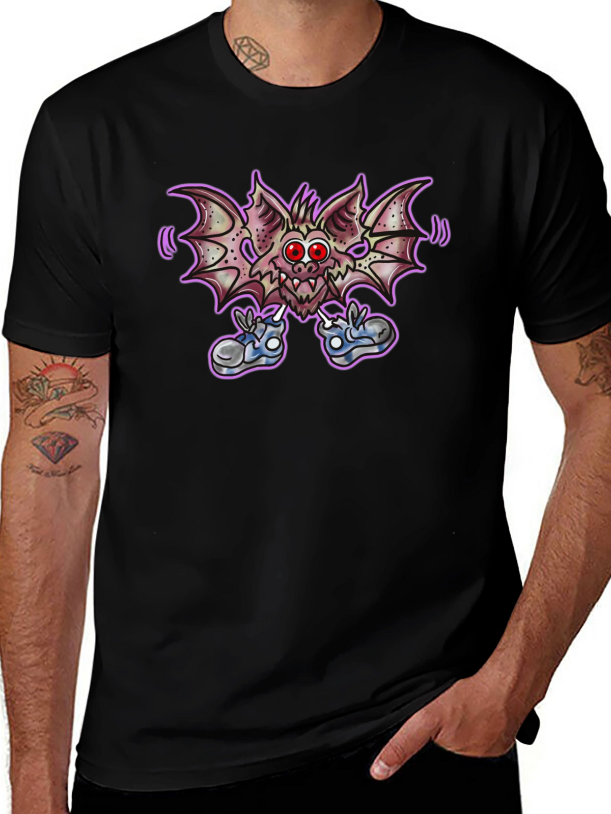Cartoon Bat Graphic Tee - Funky Black T-Shirt