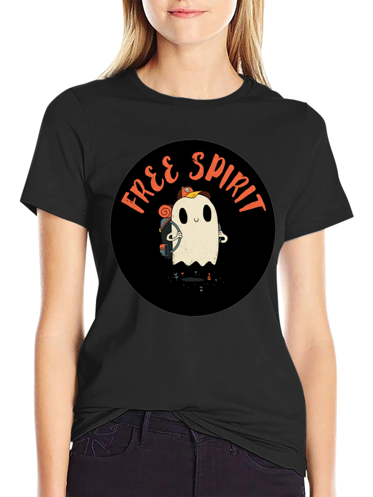 Free Spirit Ghost Graphic Tee - Black Cotton T-Shirt