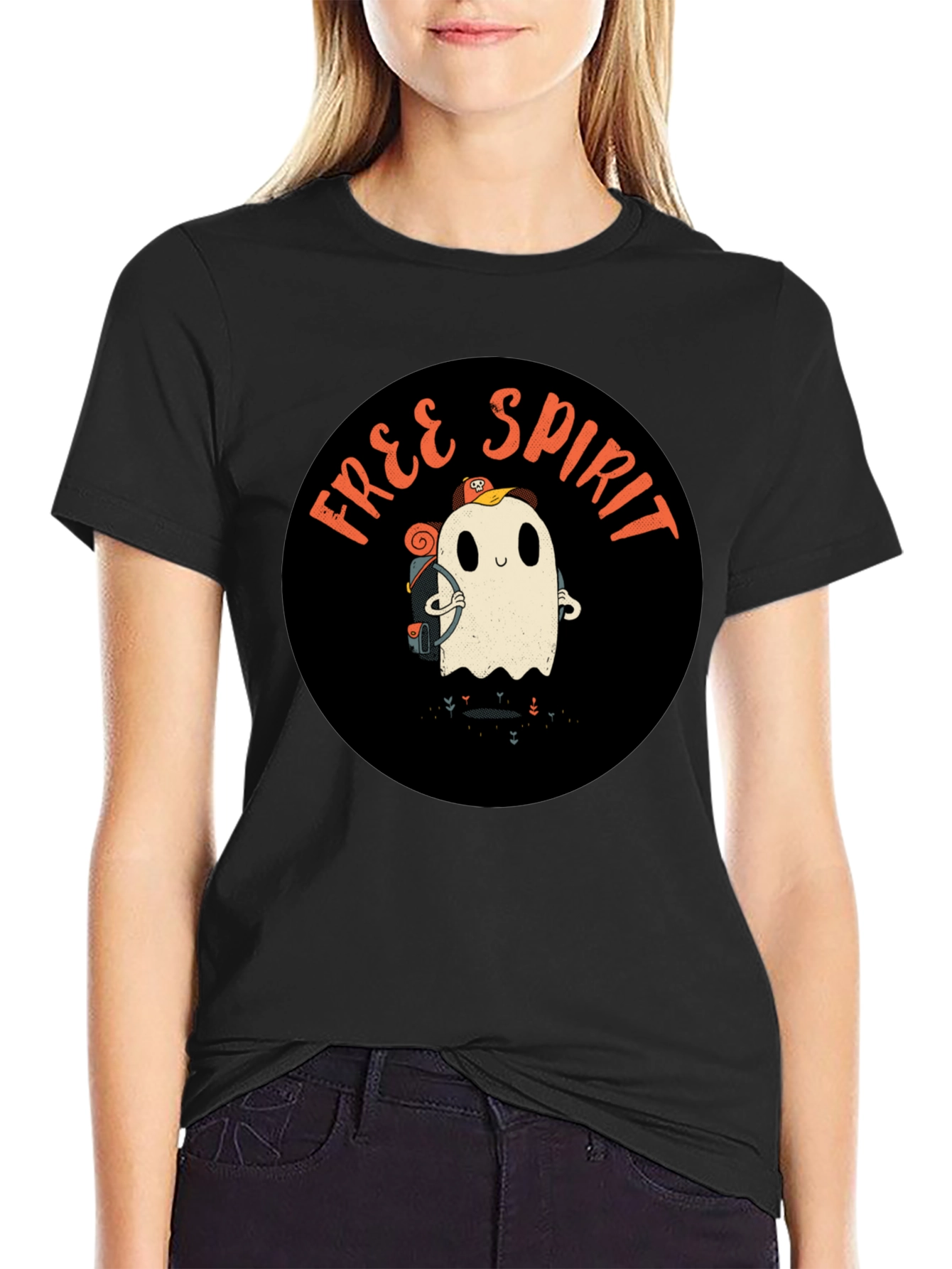 Free Spirit Ghost Graphic Tee - Black Cotton T-Shirt