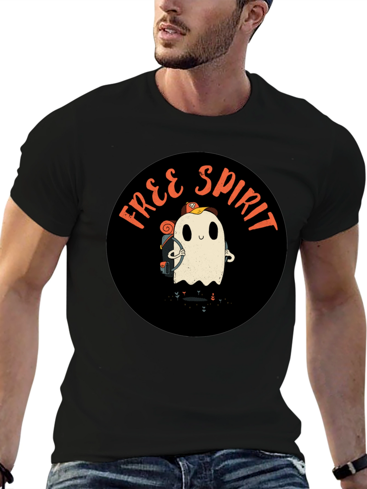 Free Spirit Ghost Graphic Tee - Black Cotton T-Shirt