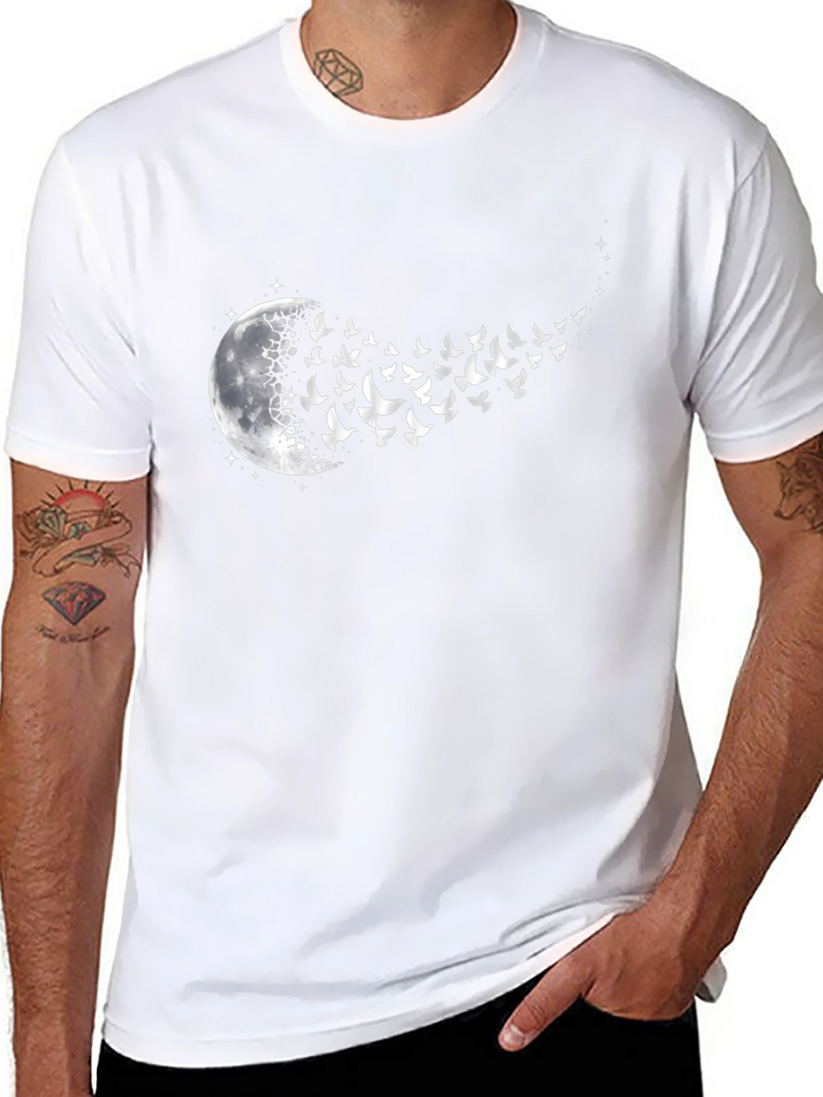 Moon and Birds Graphic Black T-Shirt