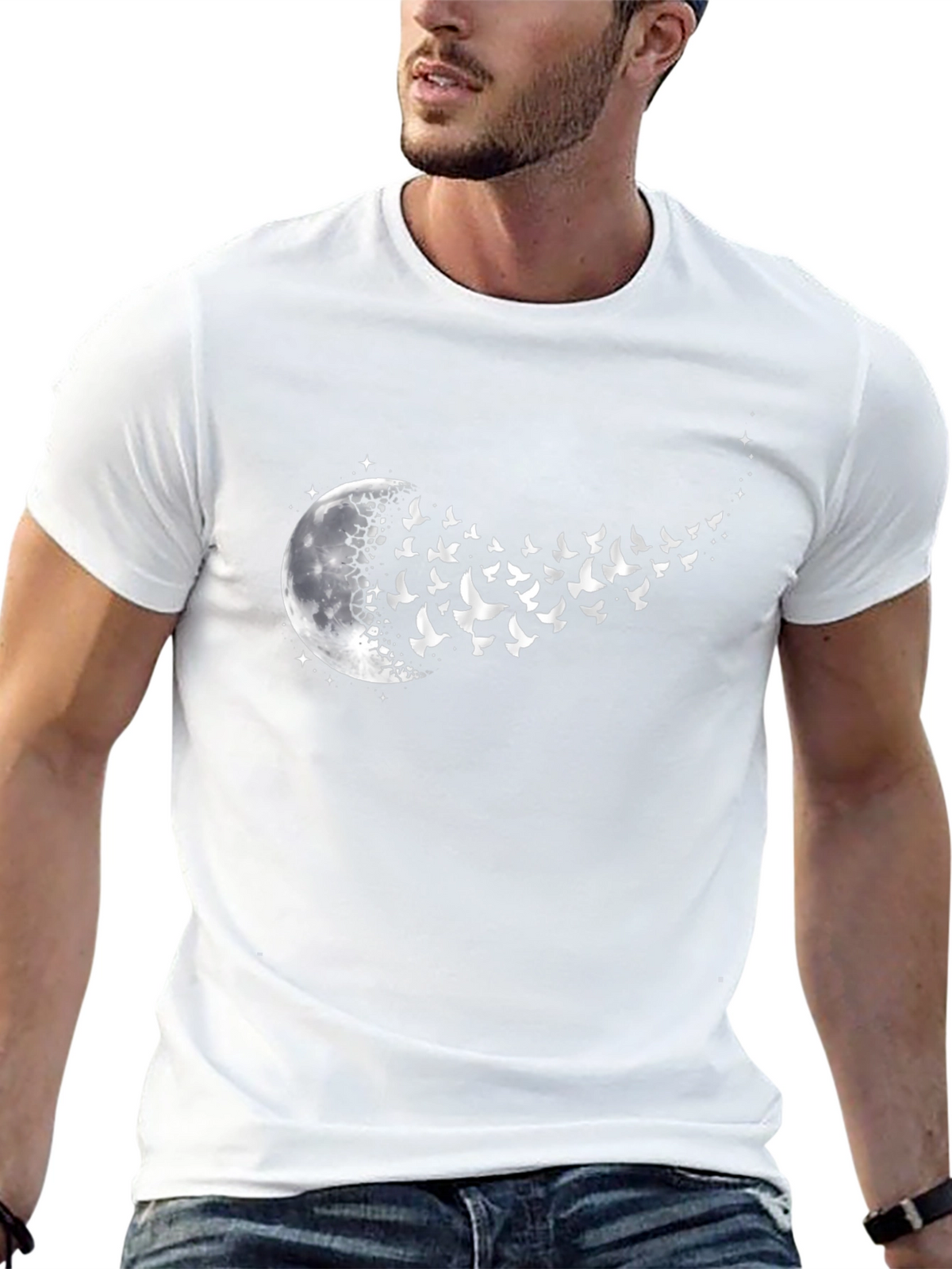Moon and Birds Graphic Black T-Shirt