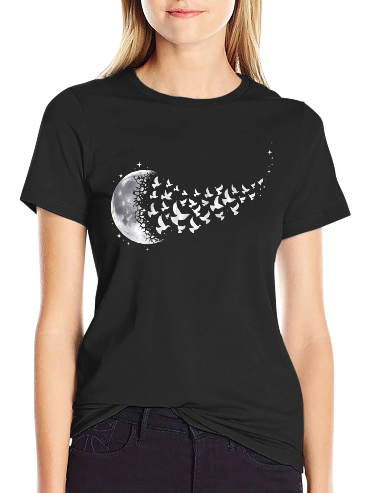 Moon and Birds Graphic Black T-Shirt