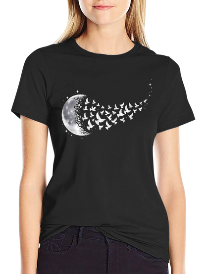 Moon and Birds Graphic Black T-Shirt