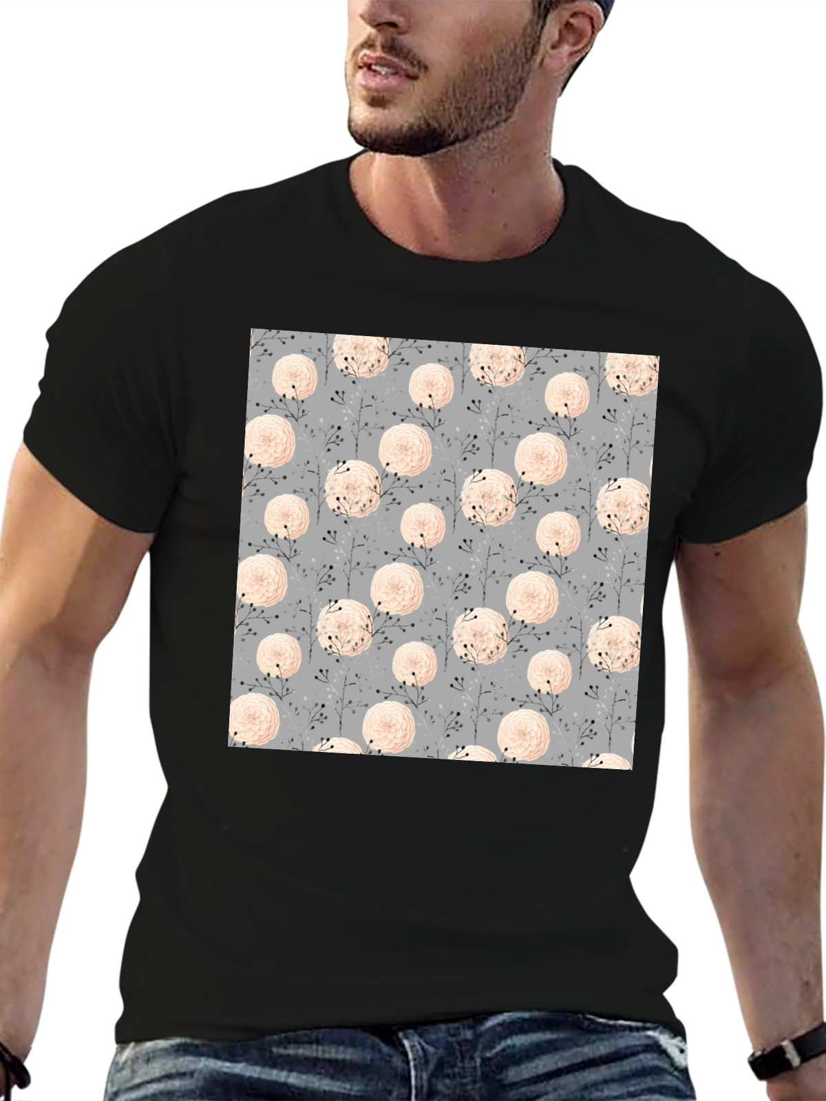 Floral Pattern Black Tee for Men