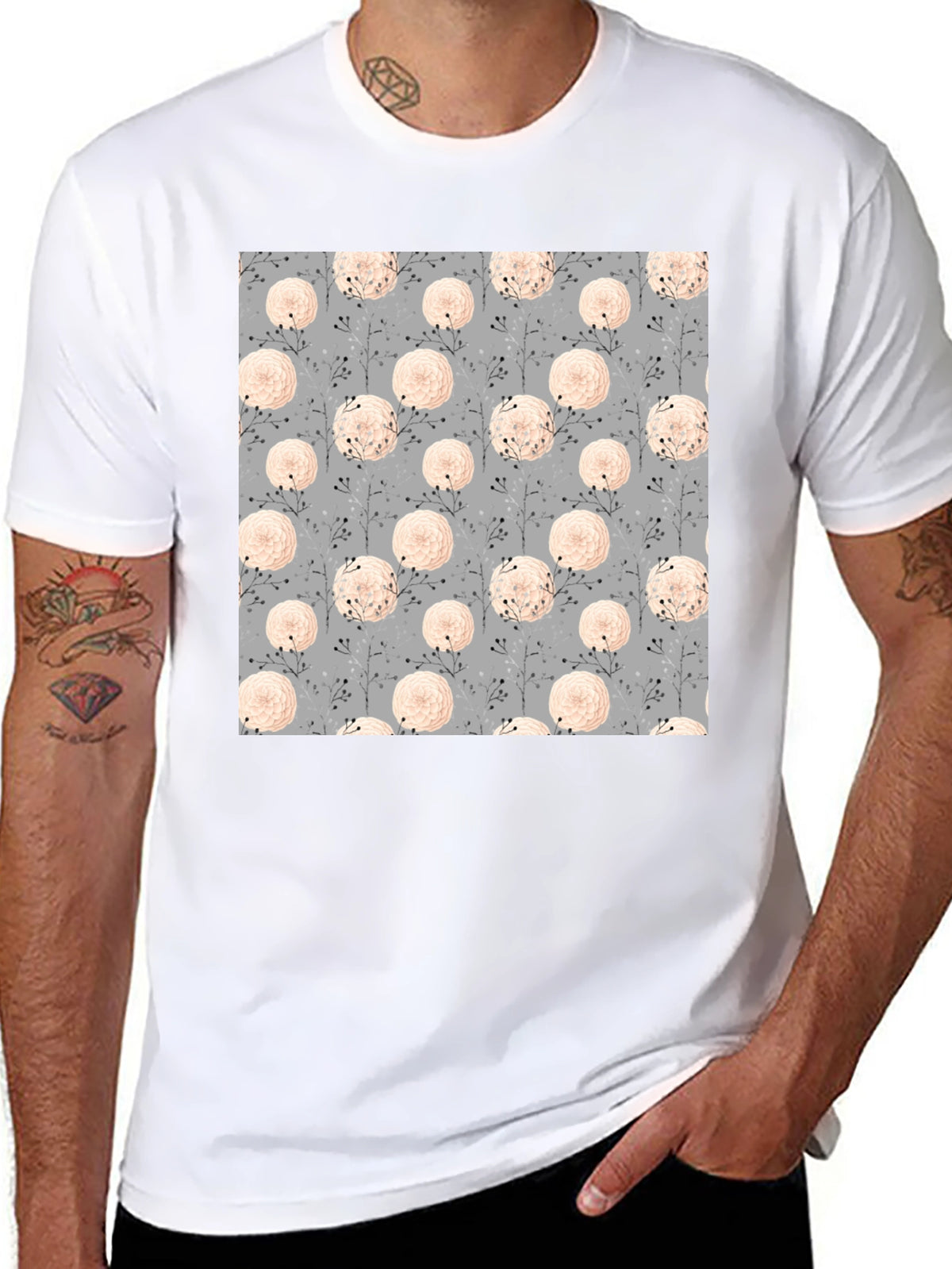 Floral Pattern Black Tee for Men