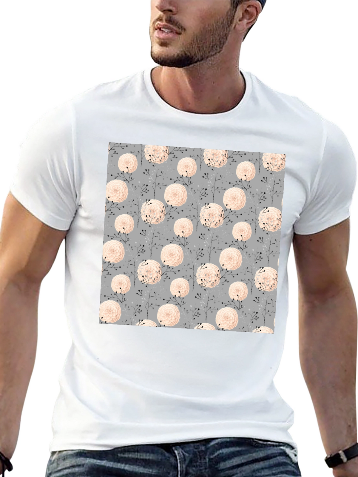 Floral Pattern Black Tee for Men