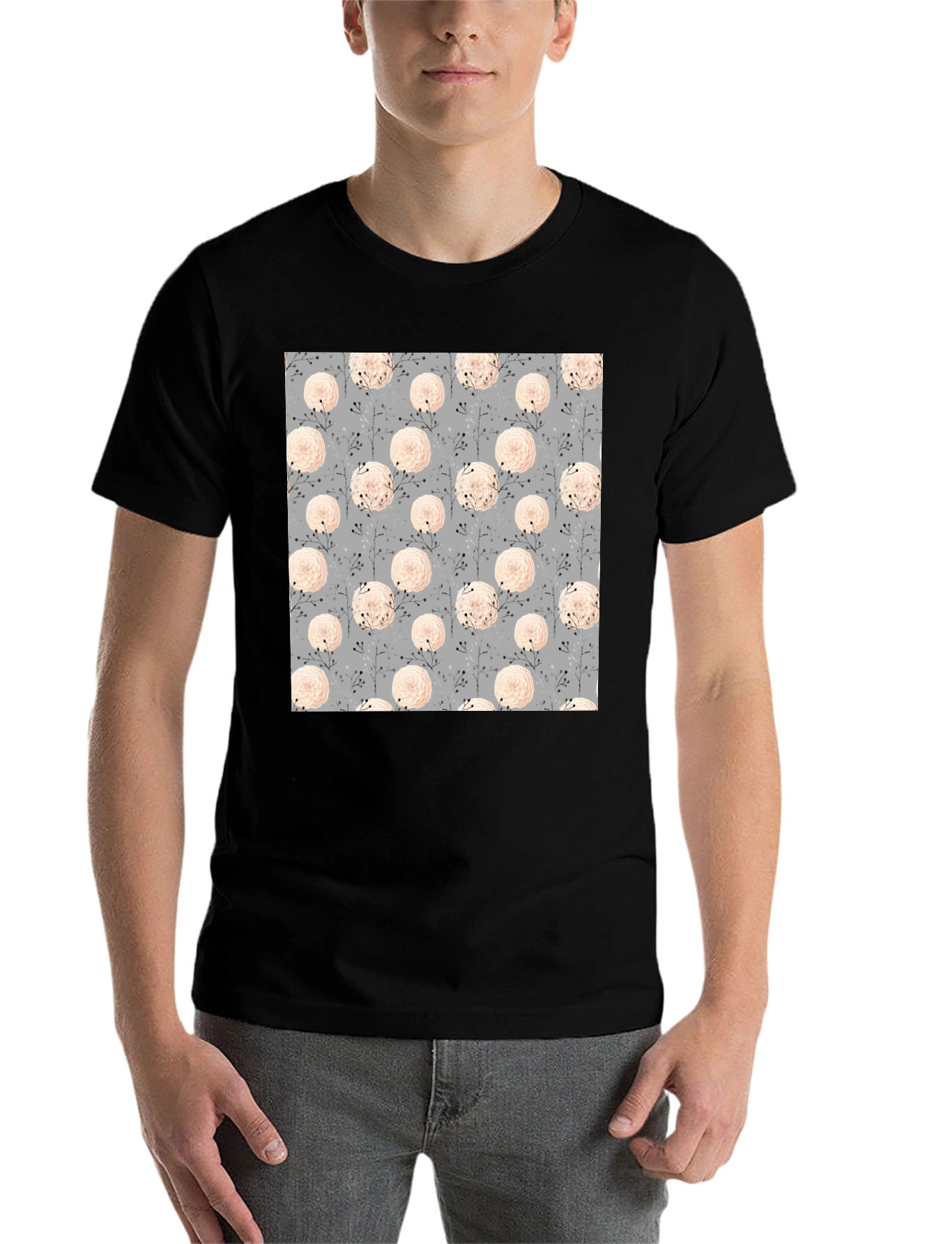 Floral Pattern Black Tee for Men
