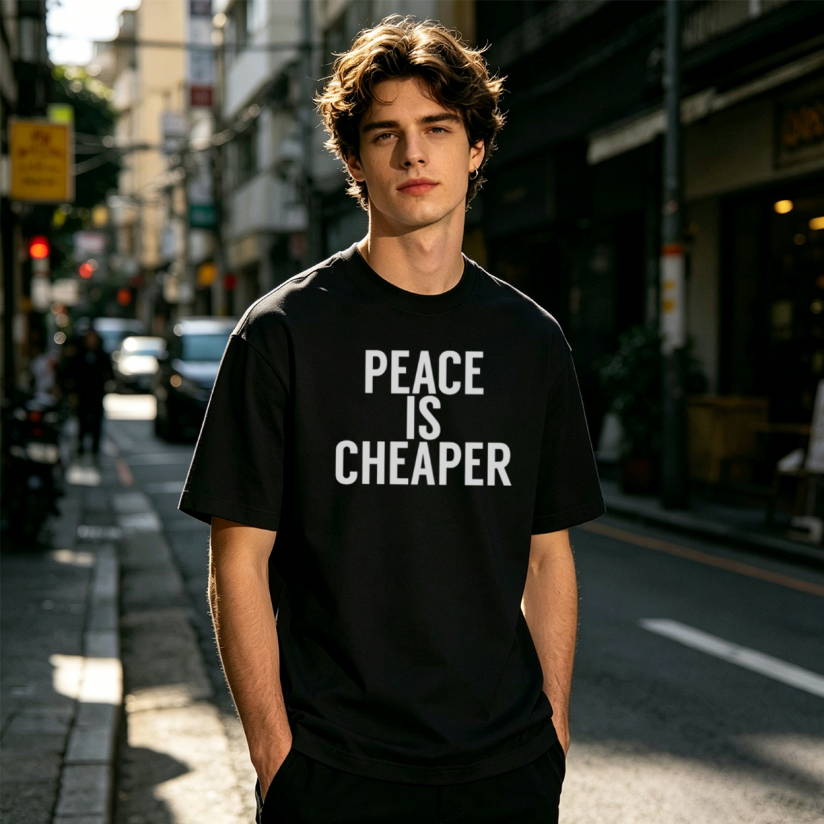Men's Peace Is Cheaper Minimal Statement Text T-Shirt