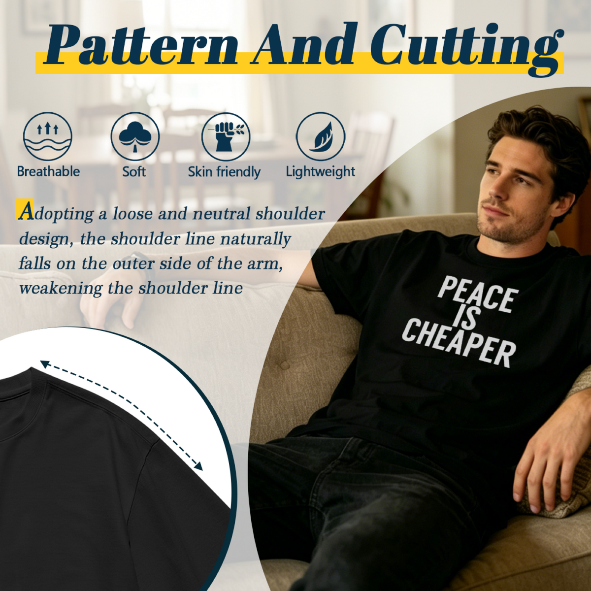 Men's Peace Is Cheaper Minimal Statement Text T-Shirt