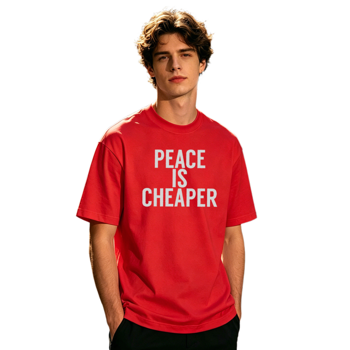 Men's Peace Is Cheaper Minimal Statement Text T-Shirt