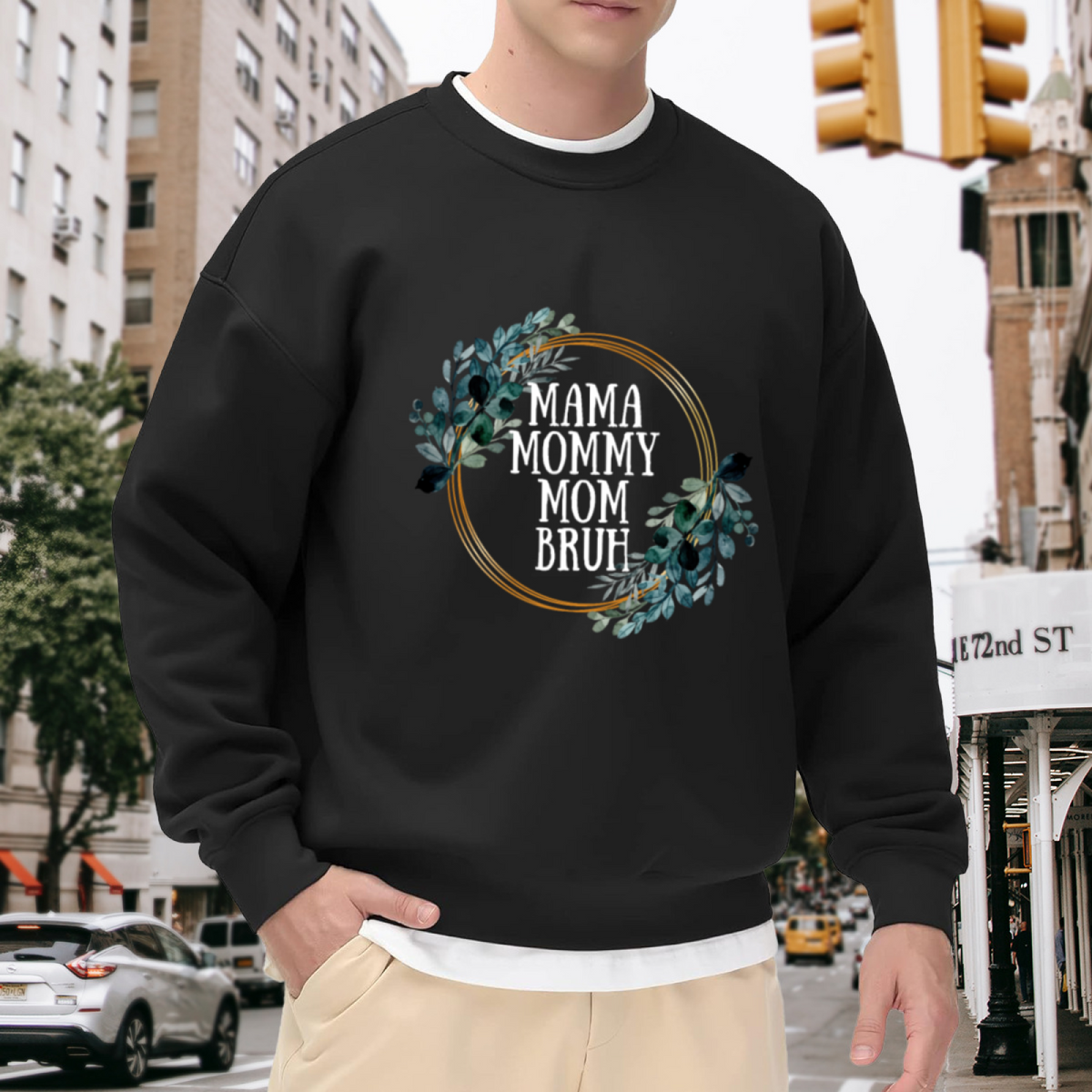 MAMA MOMMY MOM BRUH Funny Mom Floral Wreath Crewneck Sweatshirt | Mother's Day Humor Pullover, Mom Gift