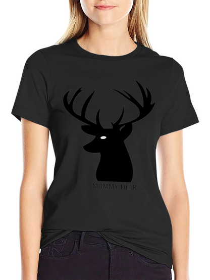 Mummy Deer Graphic T-Shirt - Black Casual Style