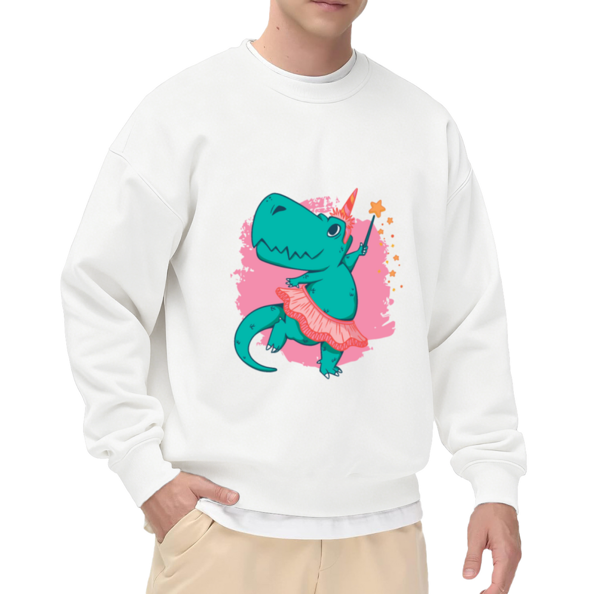 Cute Dinosaur Ballet Sweatshirt | Cartoon T-Rex Tutu Magic Wand Graphic Crewneck, Whimsical Dino Pullover Top, Birthday Gift for Kids Girls