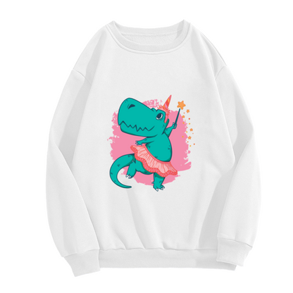 Cute Dinosaur Ballet Sweatshirt | Cartoon T-Rex Tutu Magic Wand Graphic Crewneck, Whimsical Dino Pullover Top, Birthday Gift for Kids Girls