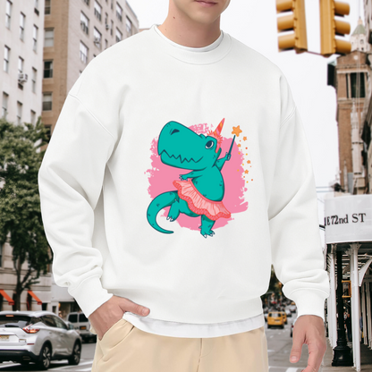 Cute Dinosaur Ballet Sweatshirt | Cartoon T-Rex Tutu Magic Wand Graphic Crewneck, Whimsical Dino Pullover Top, Birthday Gift for Kids Girls