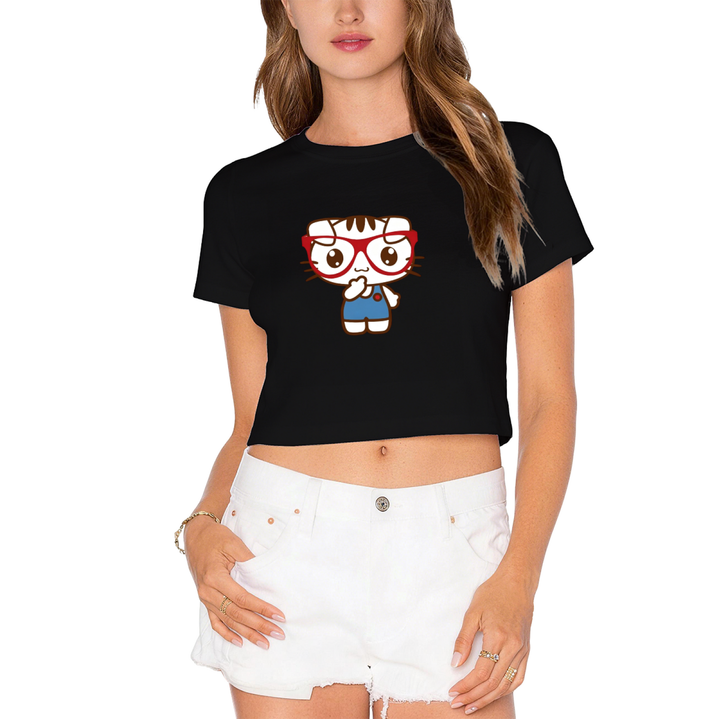 Glasses?Wearing Cute Cat Red Cropped Top