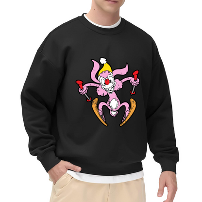 Skiing Clown Crewneck Sweatshirt | Funny Retro Cartoon Pullover, Vintage Distressed Clown Graphic Top, Ski Lover Gift