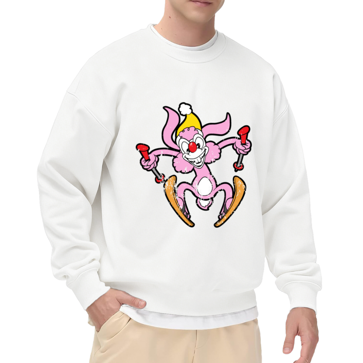 Skiing Clown Crewneck Sweatshirt | Funny Retro Cartoon Pullover, Vintage Distressed Clown Graphic Top, Ski Lover Gift