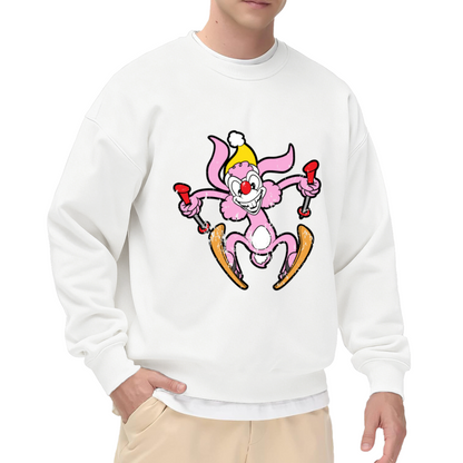 Skiing Clown Crewneck Sweatshirt | Funny Retro Cartoon Pullover, Vintage Distressed Clown Graphic Top, Ski Lover Gift