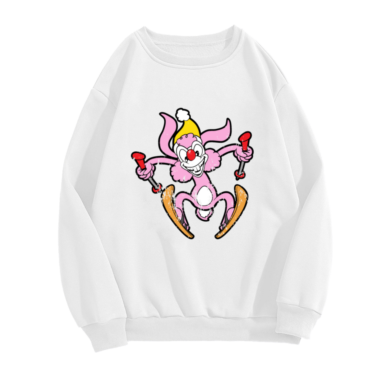 Skiing Clown Crewneck Sweatshirt | Funny Retro Cartoon Pullover, Vintage Distressed Clown Graphic Top, Ski Lover Gift