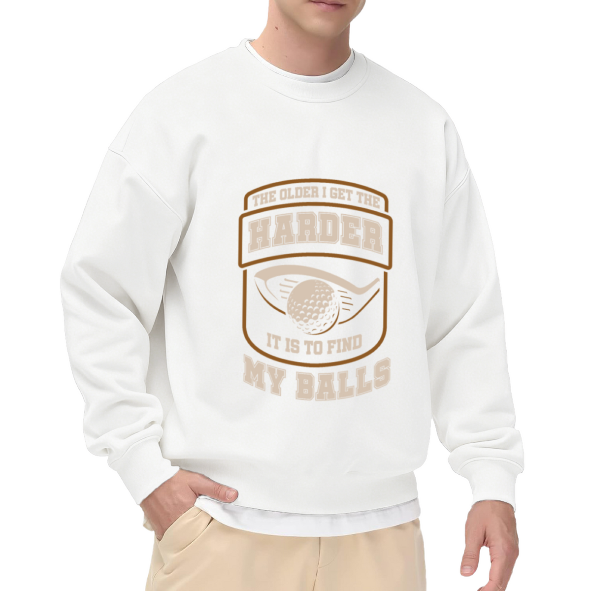 Golf Themed Crewneck Sweatshirt with Funny Text ""The Older I Get The Harder It Is To Find My Balls""