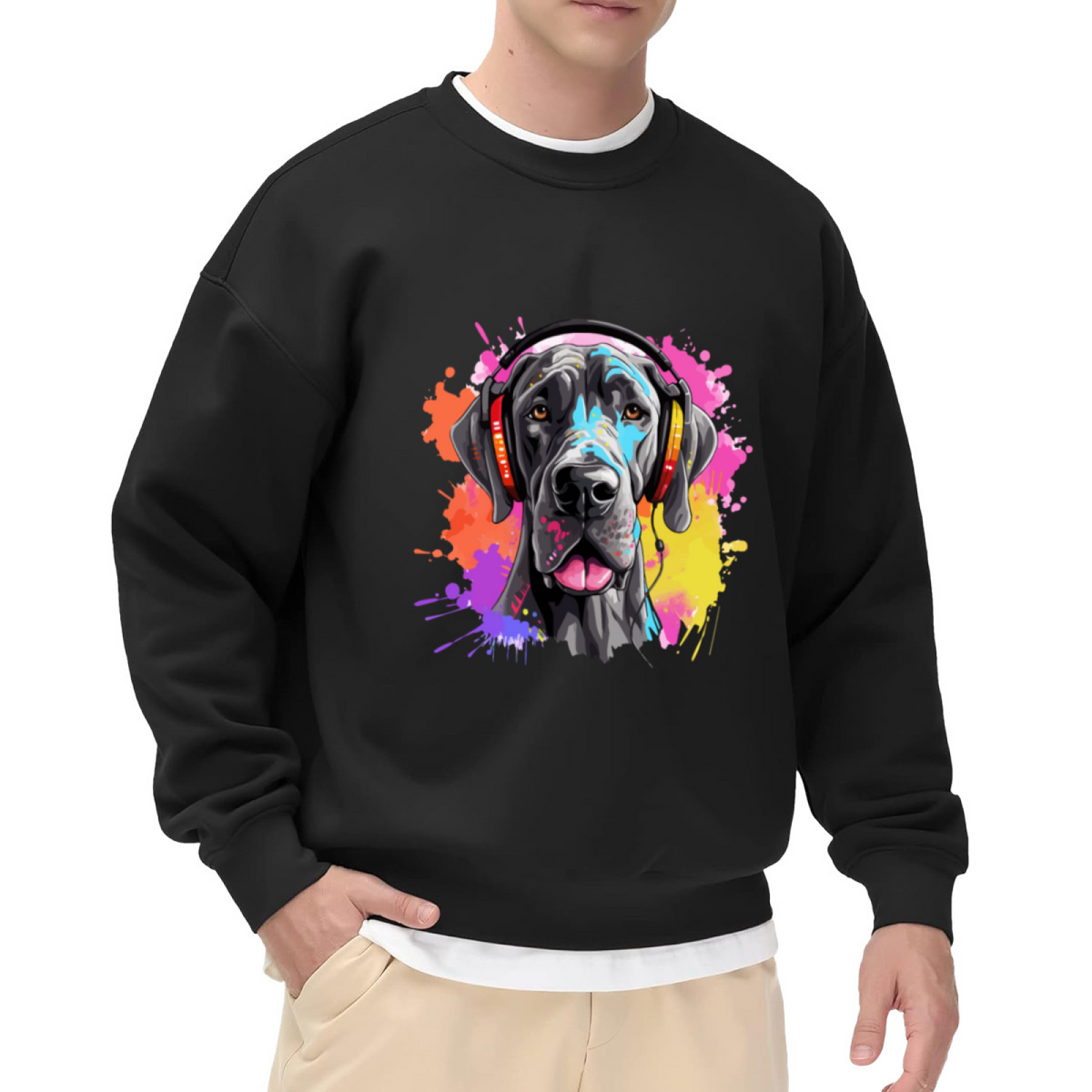 Artistic Black Dog with Colorful Headphones Crewneck Sweatshirt Design for Music Lover and Pet Enthusiasts