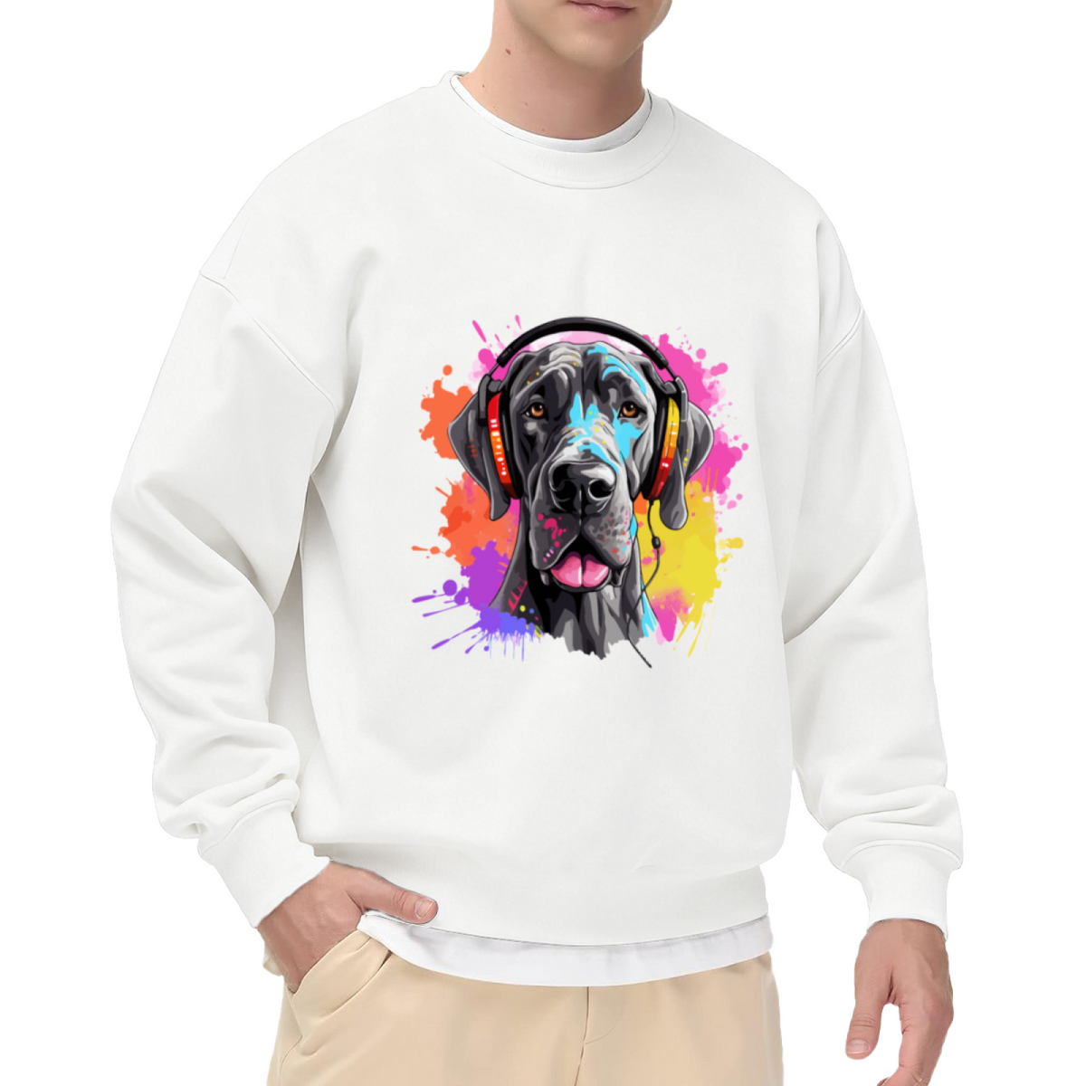 Artistic Black Dog with Colorful Headphones Crewneck Sweatshirt Design for Music Lover and Pet Enthusiasts