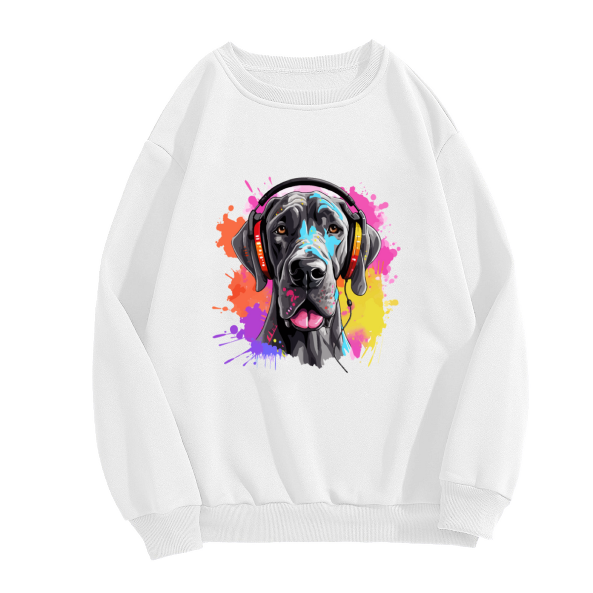 Artistic Black Dog with Colorful Headphones Crewneck Sweatshirt Design for Music Lover and Pet Enthusiasts