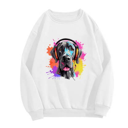 Artistic Black Dog with Colorful Headphones Crewneck Sweatshirt Design for Music Lover and Pet Enthusiasts