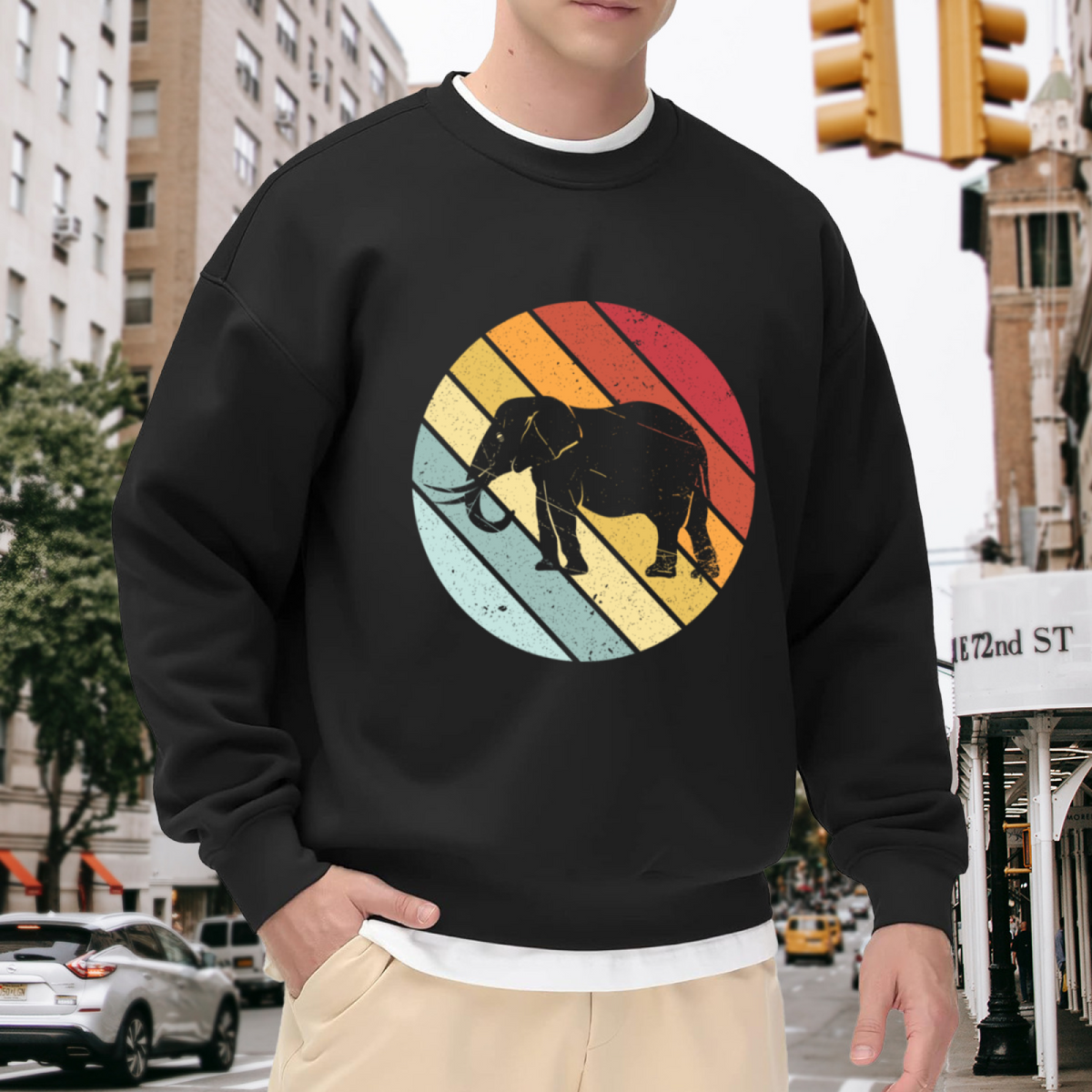 Elephant Silhouette Retro Sun Stripes Sweatshirt | Vintage Distressed Animal Graphic Crewneck, Wildlife Pullover Top, Elephant Lover Gift