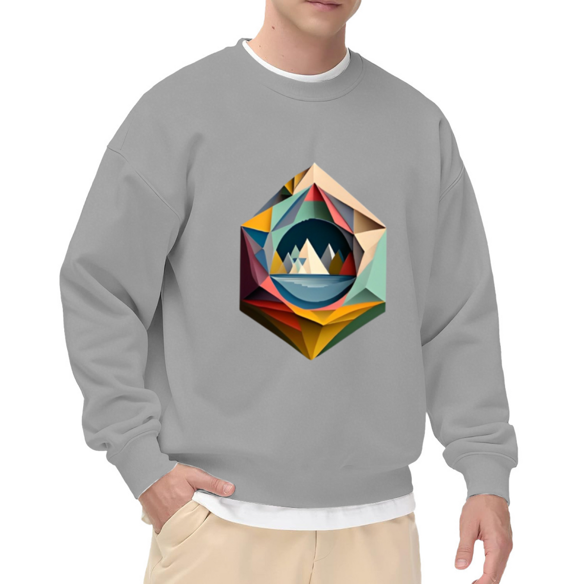 Geometric Crystal Mountain Landscape Crewneck Sweatshirt | Low-Poly Faceted Gem Art Pullover, Modern Nature Gift