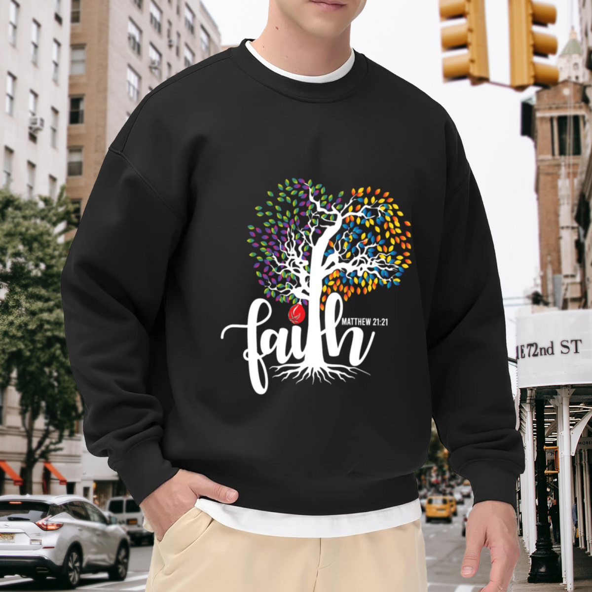 Faith Matthew 21:21 Heart Tree Crewneck Sweatshirt, Colorful Christian Scripture Pullover, Religious Gift