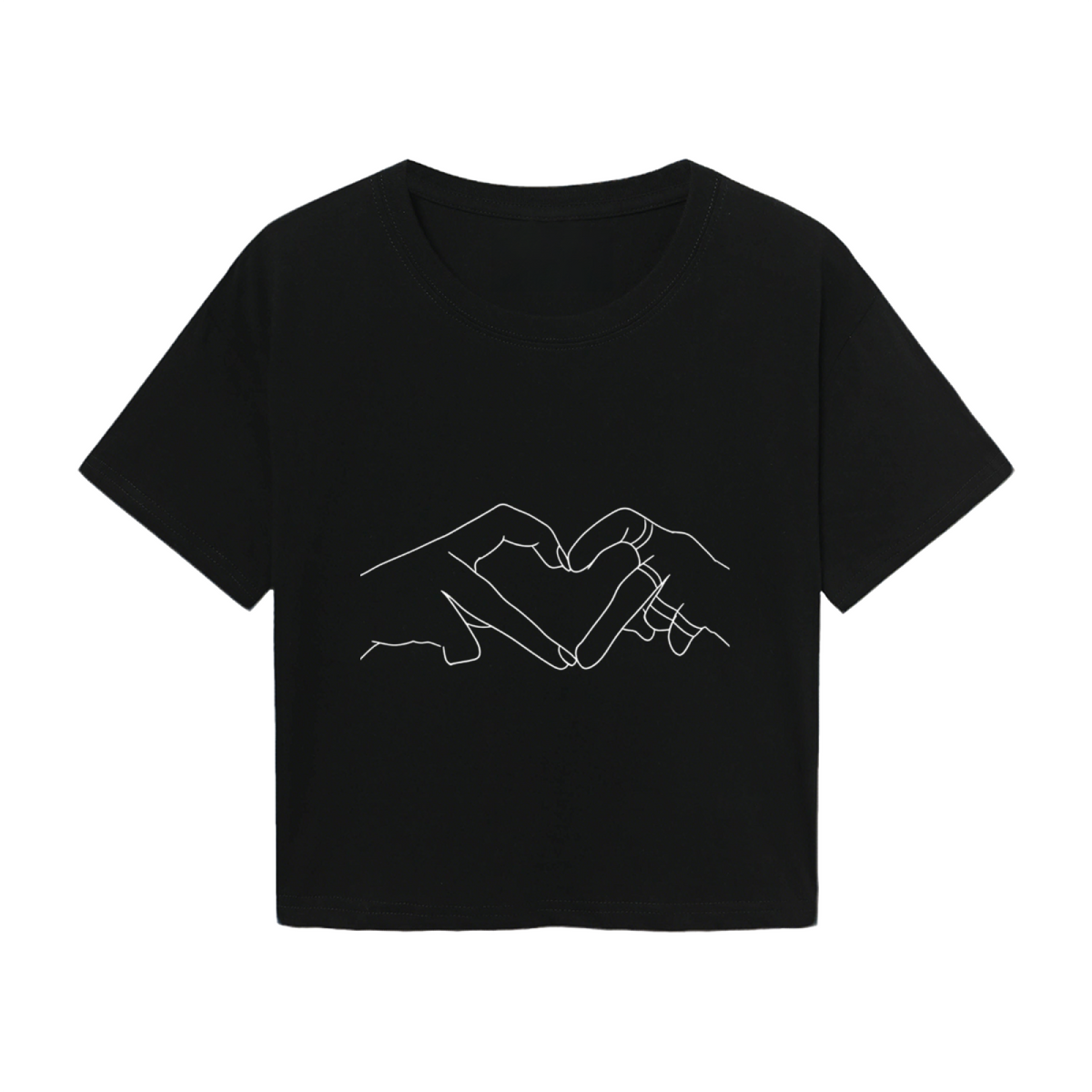 Minimal Line Art Two Hands Form Heart Black Crop Top ¨C Romantic Couple Aesthetic Tee