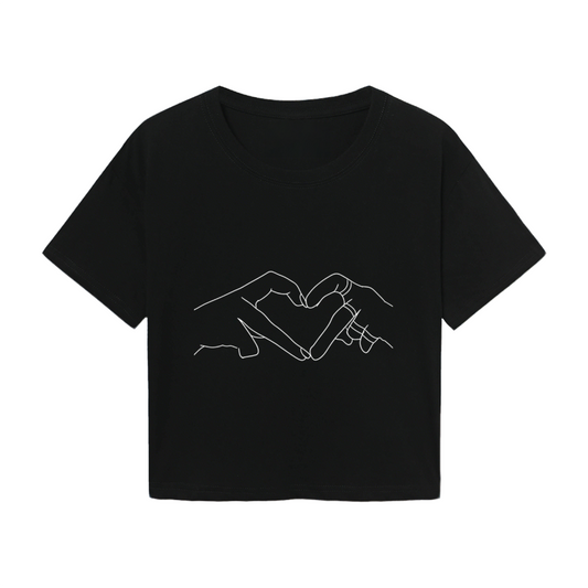 Minimal Line Art Two Hands Form Heart Black Crop Top ¨C Romantic Couple Aesthetic Tee
