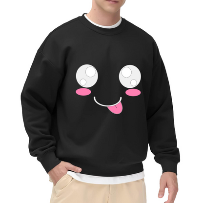 Cute Kawaii Cartoon Smiley Face with Big Eyes and Tongue Out Graphic Crewneck Sweatshirt