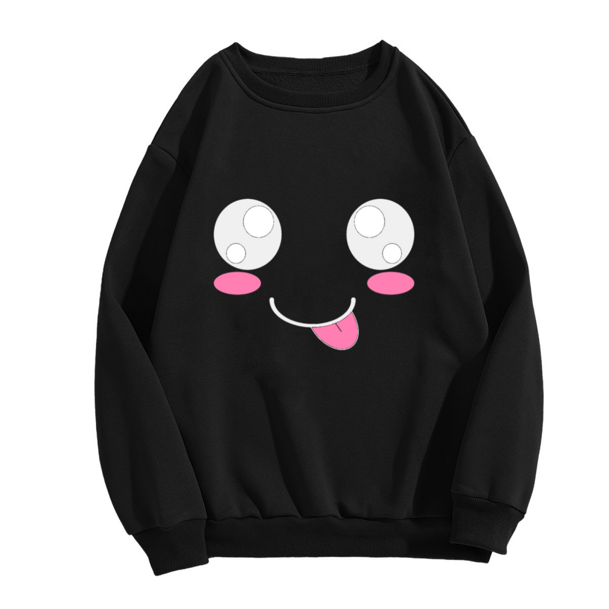 Cute Kawaii Cartoon Smiley Face with Big Eyes and Tongue Out Graphic Crewneck Sweatshirt