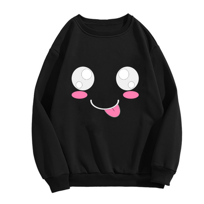 Cute Kawaii Cartoon Smiley Face with Big Eyes and Tongue Out Graphic Crewneck Sweatshirt