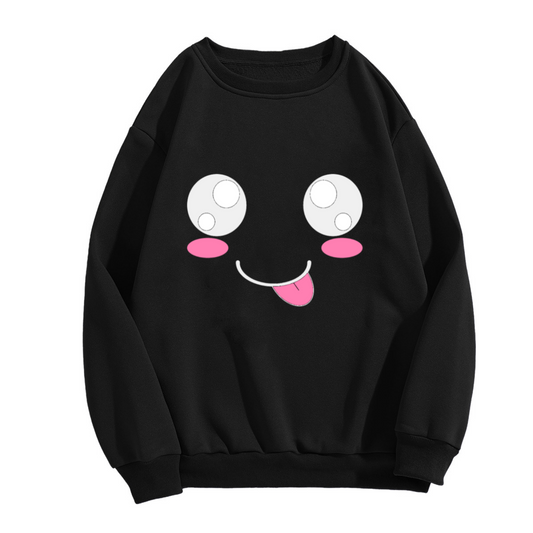 Cute Kawaii Cartoon Smiley Face with Big Eyes and Tongue Out Graphic Crewneck Sweatshirt