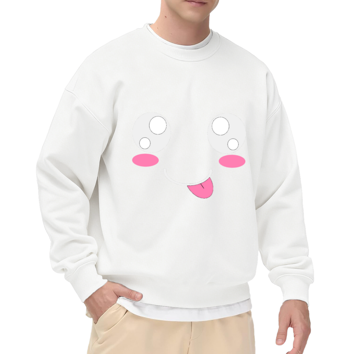 Cute Kawaii Cartoon Smiley Face with Big Eyes and Tongue Out Graphic Crewneck Sweatshirt