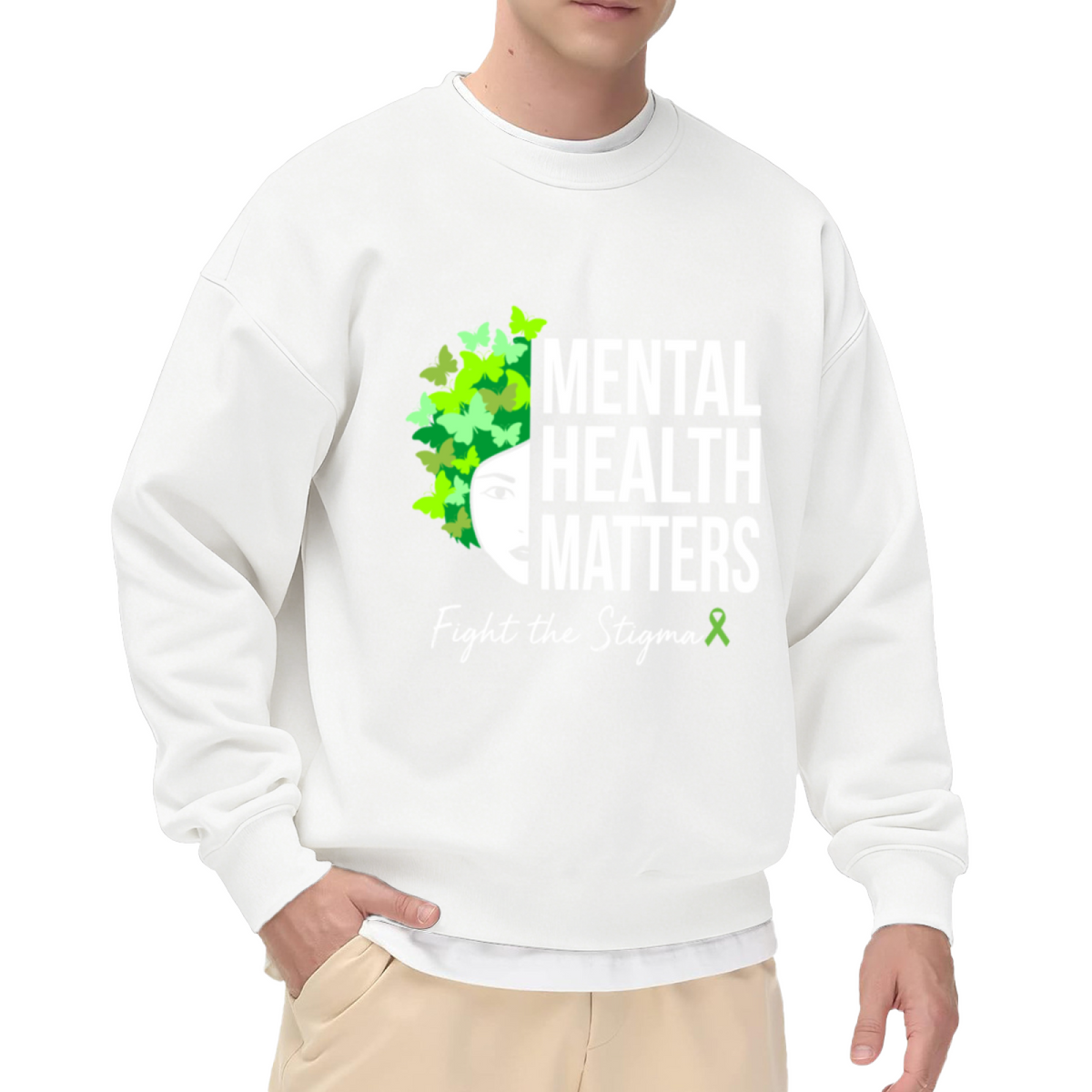 Mental Health Matters Sweatshirt | Butterfly Portrait Fight The Stigma Graphic Crewneck, Mental Health Awareness Pullover Top, Green Ribbon Gift