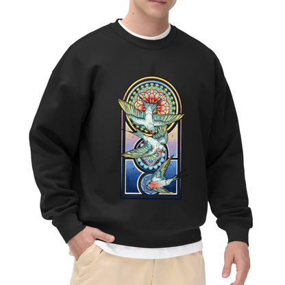 Stained Glass Swallows Sweatshirt | Vintage Celestial Bird Graphic Crewneck, Retro Gothic Arch Pullover Top, Bird Lover Art Gift for Women Men