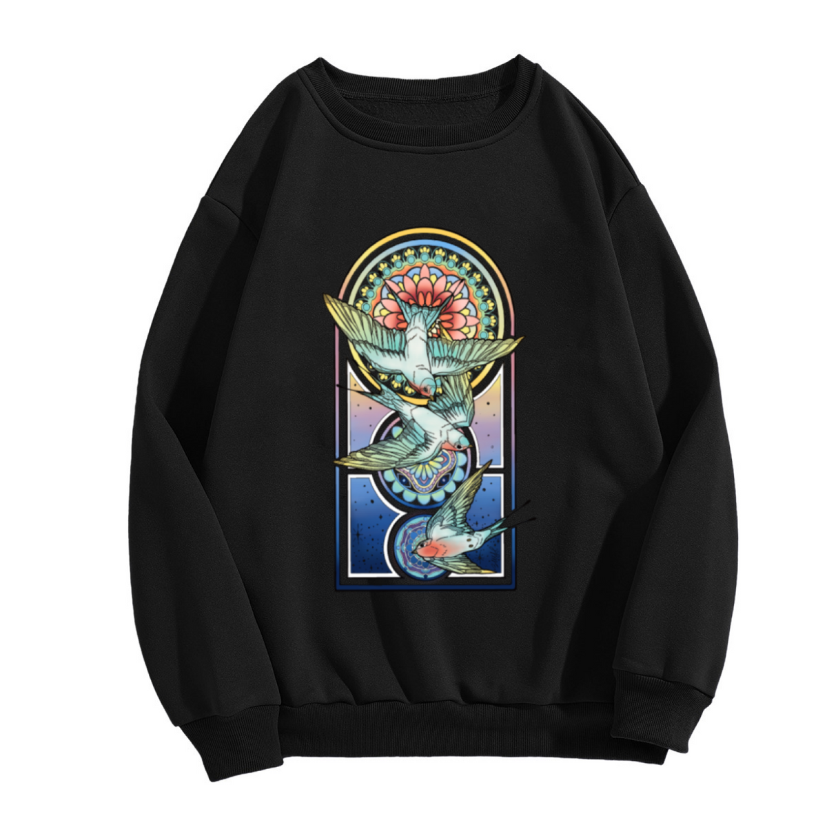 Stained Glass Swallows Sweatshirt | Vintage Celestial Bird Graphic Crewneck, Retro Gothic Arch Pullover Top, Bird Lover Art Gift for Women Men