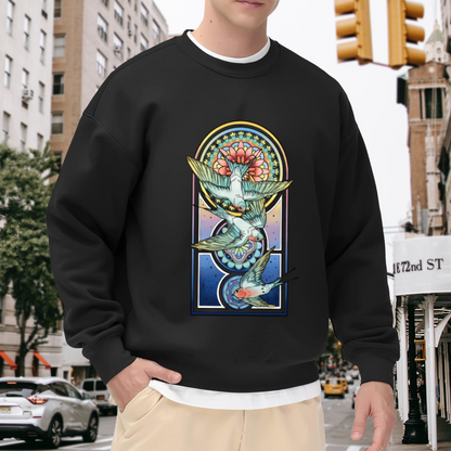 Stained Glass Swallows Sweatshirt | Vintage Celestial Bird Graphic Crewneck, Retro Gothic Arch Pullover Top, Bird Lover Art Gift for Women Men