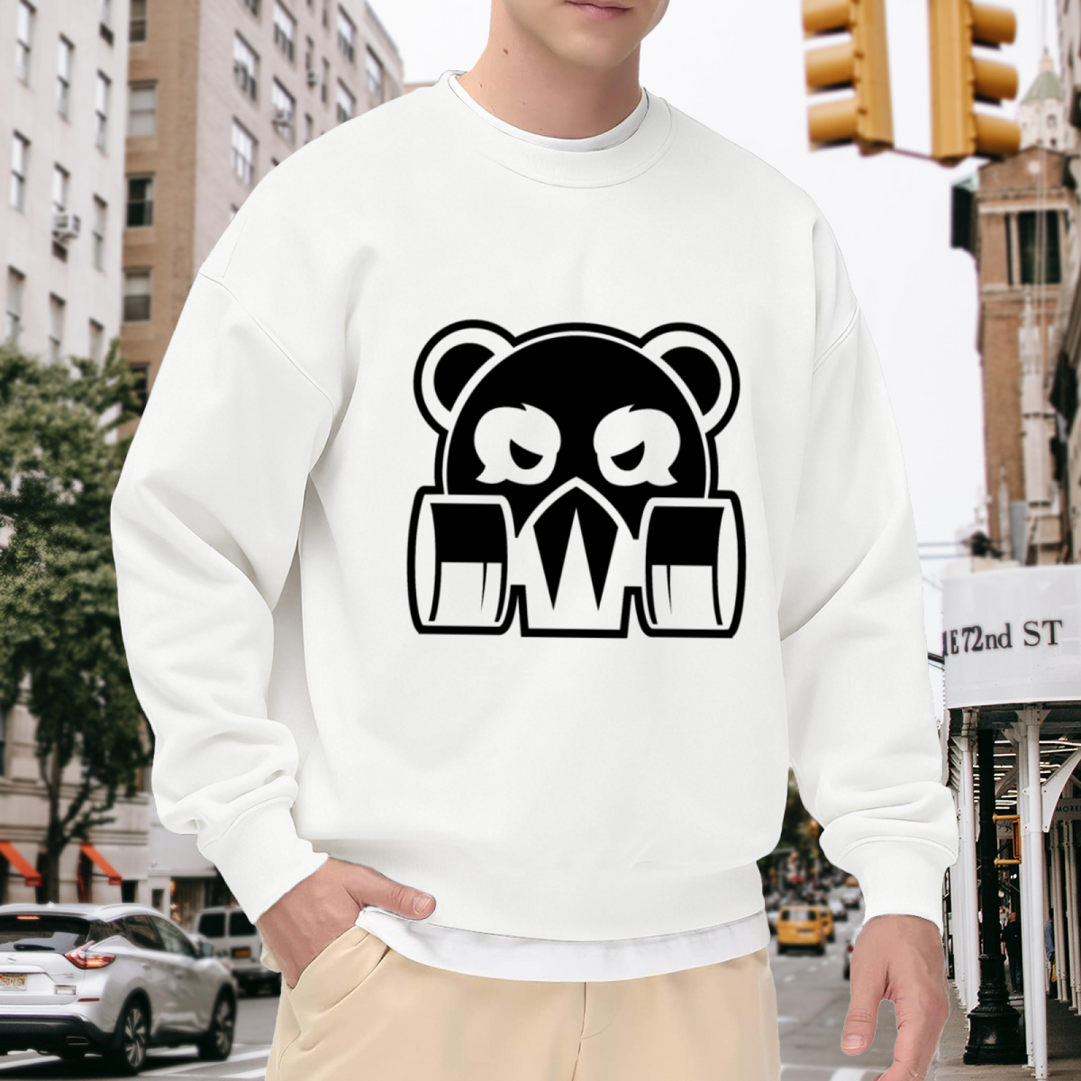 Cool and Edgy Monochrome Black Bear with Mask Style Graphic Crewneck Sweatshirt for Unisex Streetwear