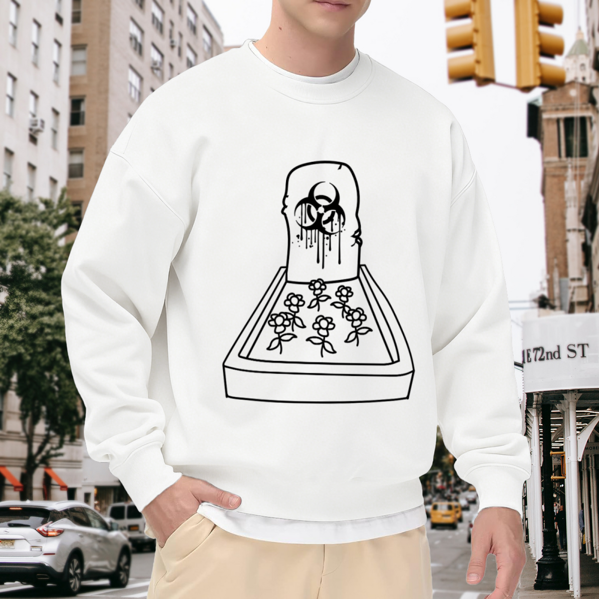 Love Grave Tombstone Line Art Crewneck Sweatshirt | Gothic Floral Heart Drip Graphic Pullover, Alternative Streetwear Top