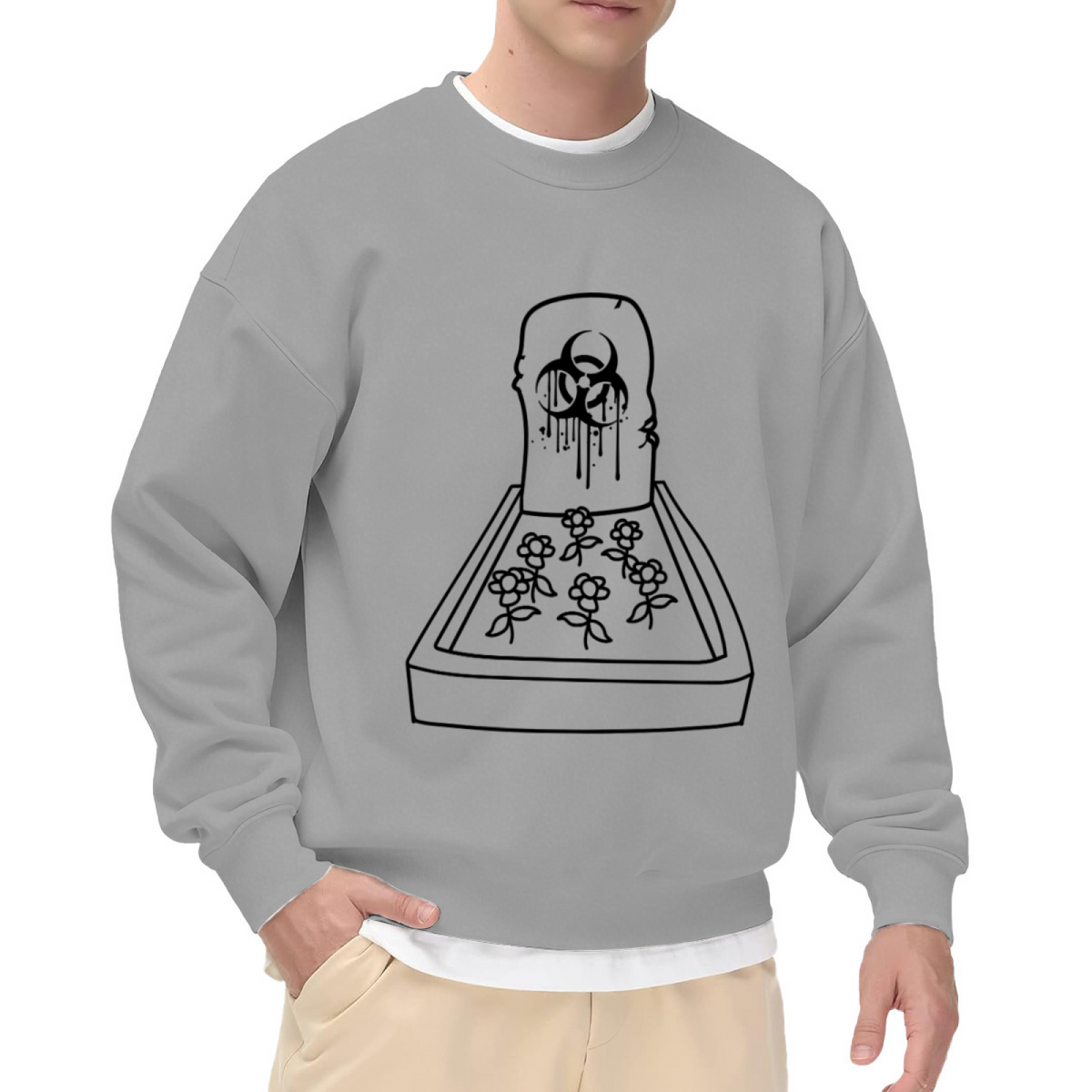 Love Grave Tombstone Line Art Crewneck Sweatshirt | Gothic Floral Heart Drip Graphic Pullover, Alternative Streetwear Top