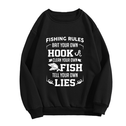 Fishing Rules Sweatshirt | Funny Fishing Hook Graphic Crewneck, Vintage Fisherman Pullover Top, Fishing Gift for Dad Men Women