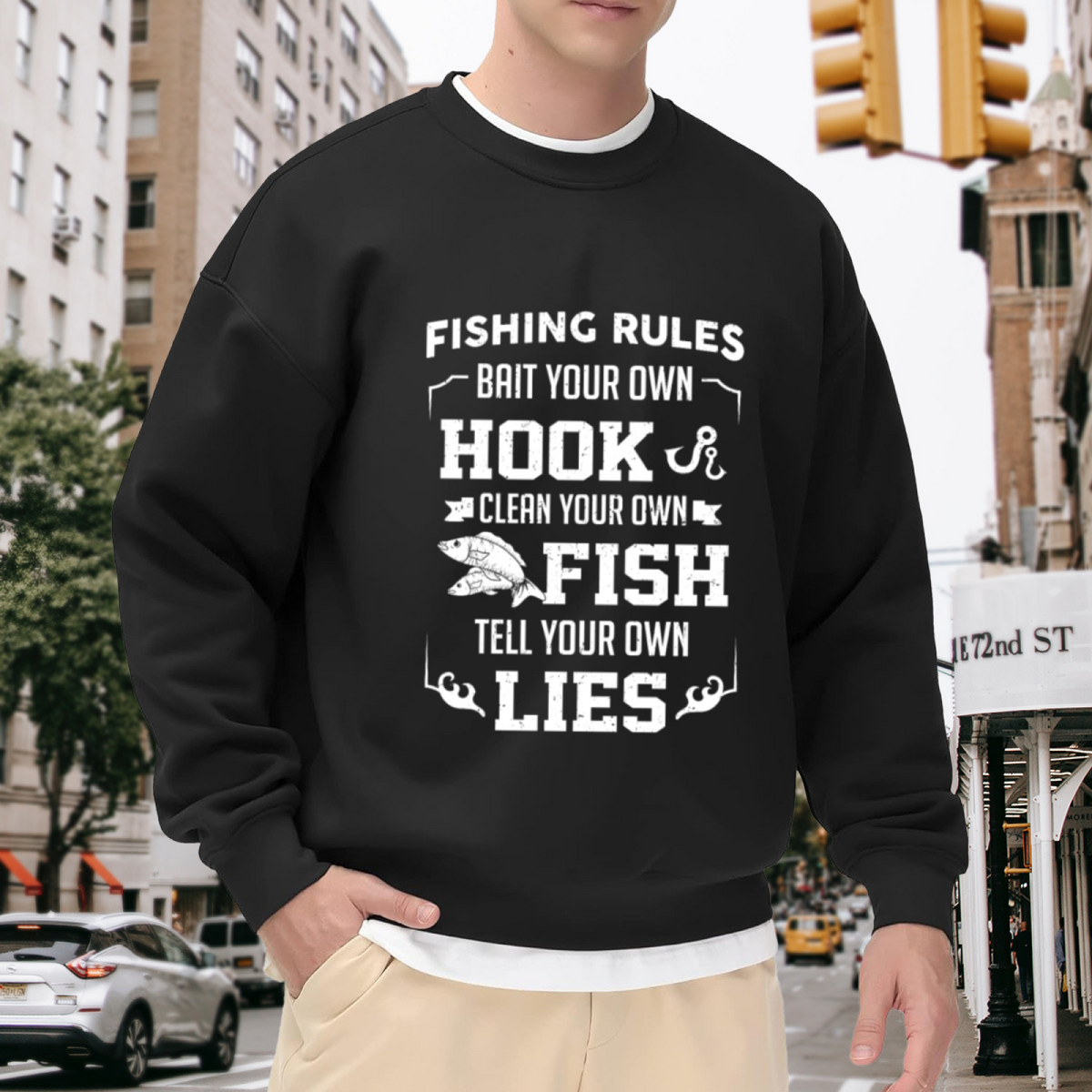 Fishing Rules Sweatshirt | Funny Fishing Hook Graphic Crewneck, Vintage Fisherman Pullover Top, Fishing Gift for Dad Men Women